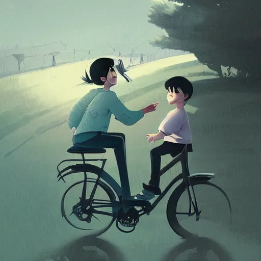 Prompt: a father helping his son ride a bike for the first time, flat graphic style, children's book illustration by Loish, Wenjun Lin