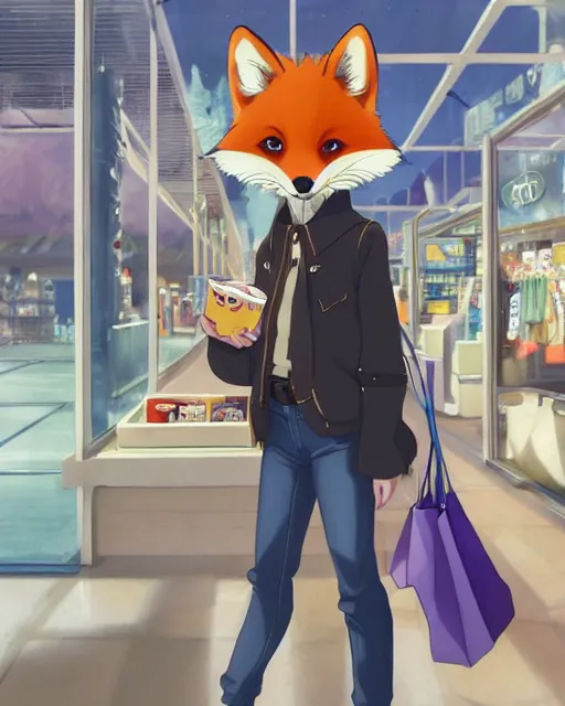 Prompt: anthro art commission of a cute attractive stylish anthropomorphic natural furry fox person shopping at a futuristic mall, photorealistic, detailed key anime art, makoto shinkai, james gurney, don bluth, disney, hibbary, dark!!!! natasha!!!!, goldenwolf, furaffinity, fursona, greg rutkowski