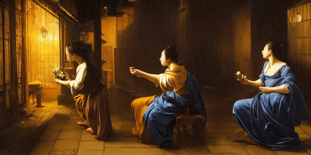 Image similar to beautiful oil matte portrait painting, man offering a flower to a woman in a tokyo alley at night, raining, wonderful masterpiece highly detailed, beautiful cinematic light deep focus, elegant, digital painting, smooth, sharp focus, golden ratio, dramatic illumination, ultra realistic, 8 k, art by artemisia lomi gentileschi and caravaggio