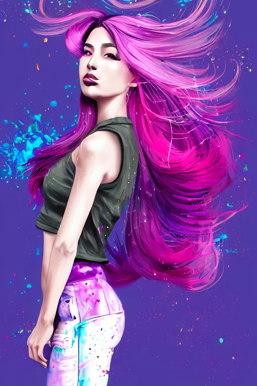 Image similar to a award winning half body portrait of a beautiful woman in a croptop and cargo pants with ombre purple pink teal hairstyle with head in motion and hair flying by artgerm, paint splashes, splatter, outrun, vaporware, shaded flat illustration, digital art, trending on artstation, highly detailed, fine detail, intricate