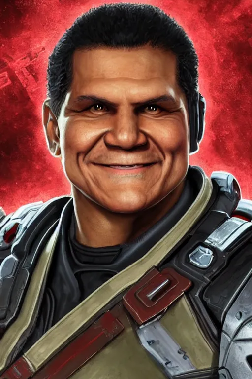 Image similar to an in game portrait of reggie fils aime from doom eternal, doom eternal art style.