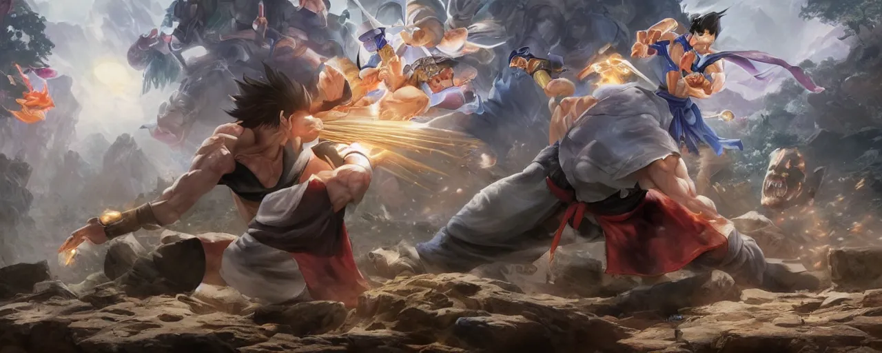 Image similar to most epic dramatic tenka ichi budokai arena view. epic cinematic hyperrealism masterpiece. realistic poster with shaded lighting by craig mallismo, artgerm, jeremy lipkin and michael garmash, unreal engine, radiant light, detailed and complex environment, digital art, art station trends