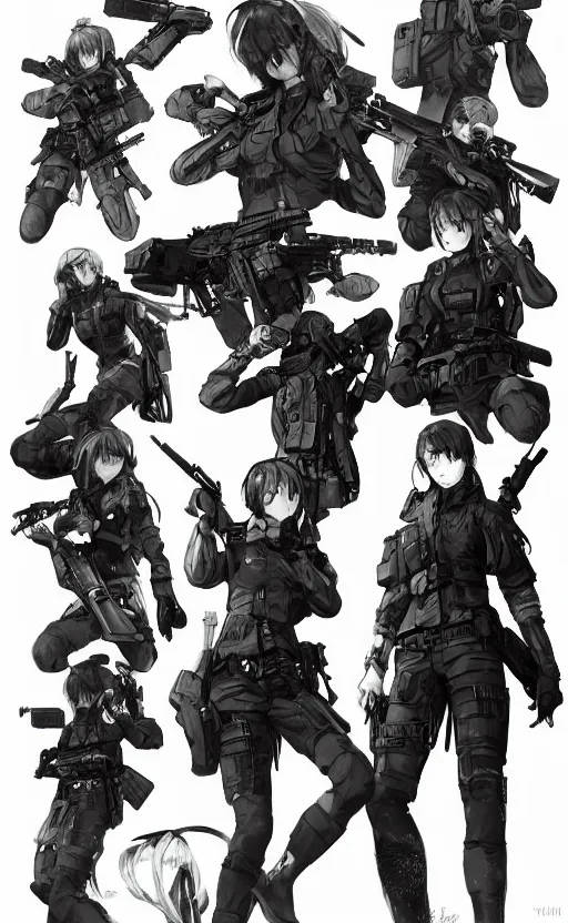 Prompt: highly detailed, high resolution, character design art, stunning, volumetric lightning, realistic guns, girls frontline style, matte, sharp focus, 130mm, illustration, artstation, by yusuke kozaki, realistic human anatomy, simple design, realistic military gear, metal gear style, videogame inspired, cinematic filter, ballistic glasses