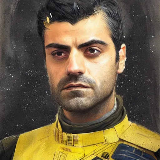 Image similar to portrait of a man by greg rutkowski, he looks like oscar isaac, star wars expanded universe, he is about 3 0 years old, wearing yellow and black starfighter pilot uniform from the galactic triunvirate.