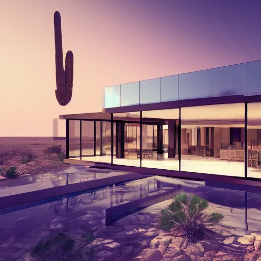 Prompt: a huge glass mansion in a desert. 4 k octane render.