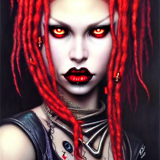 Prompt: portrait of flawless beautiful female cybergoth with blonde and red dreadlocks, dark, piercing eyes, exotic expression, esoteric clothing, photorealistic, highly detailed, mysterious lighting, artstation, smooth, sharp focus, art by michael whelan, artgerm, greg rutkowski and luis royo