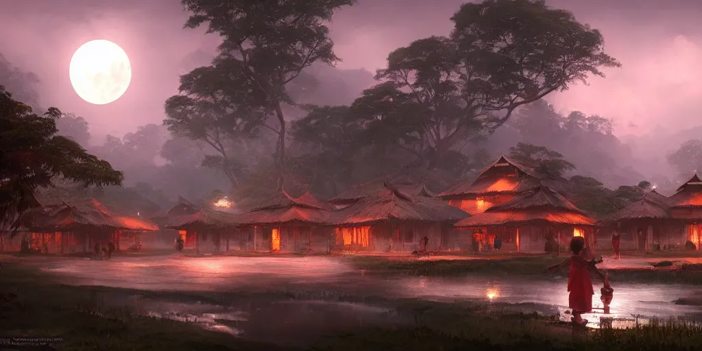 Image similar to moonlit kerala village, sharp focus, wide shot, trending on ArtStation, masterpiece, by Greg Rutkowski, by Ross Tran, by Fenghua Zhong, octane, soft render, ultrarealistic, colorful, cinematic, horizon forbidden west