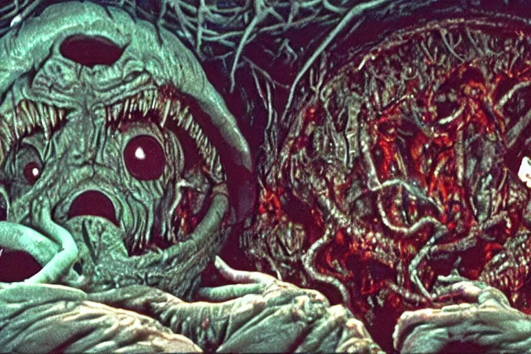 Image similar to scary filmic wide shot angle movie still 35mm film color photograph of a shape shifting horrific nightmarish abstract alien organism from The Thing 1982 with grotesque distorted multiple human faces spewing toxic liquid from an alien plant made out of flesh, in the style of a horror film