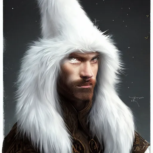 Image similar to portrait of a white panter with a very long fur and wizard hat, fantasy, trending on artstation, heroic pose, illustration, highly detailed, simple, 8k