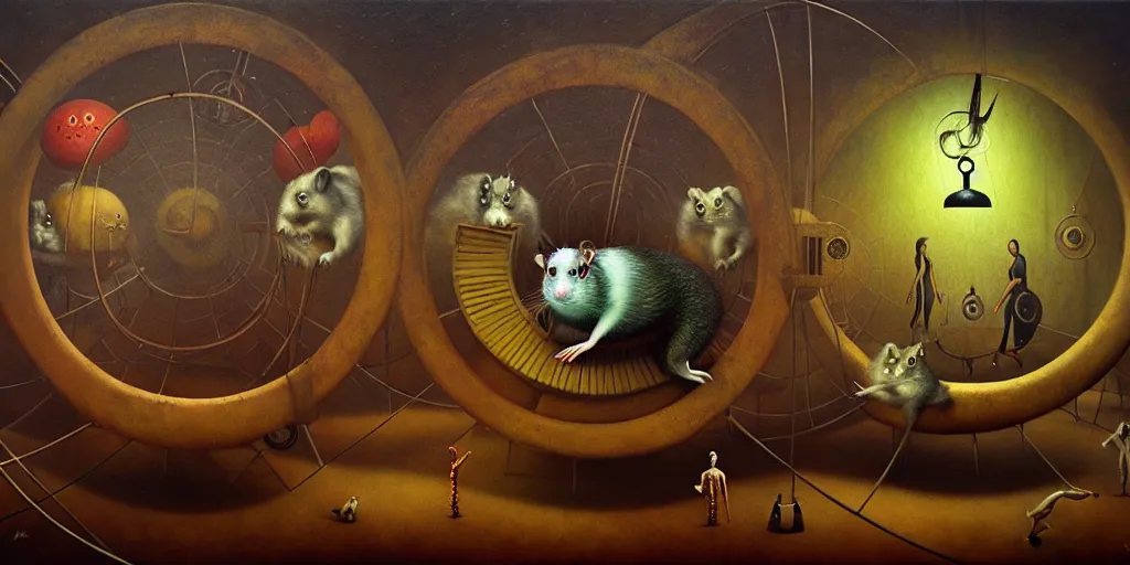 Image similar to trapped on the hedonic treadmill like a hamster on a wheel, dark surreal oil painting by ronny khalil, shaun tan, and leonora carrington