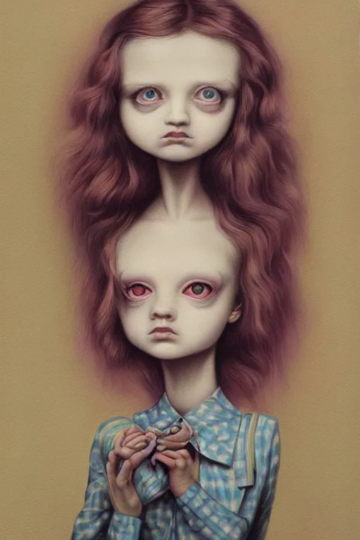 Image similar to pop surrealism, lowbrow art, realistic cute girl painting, alice in wonderland, hyper realism, muted colors, trevor brown, mark ryden style