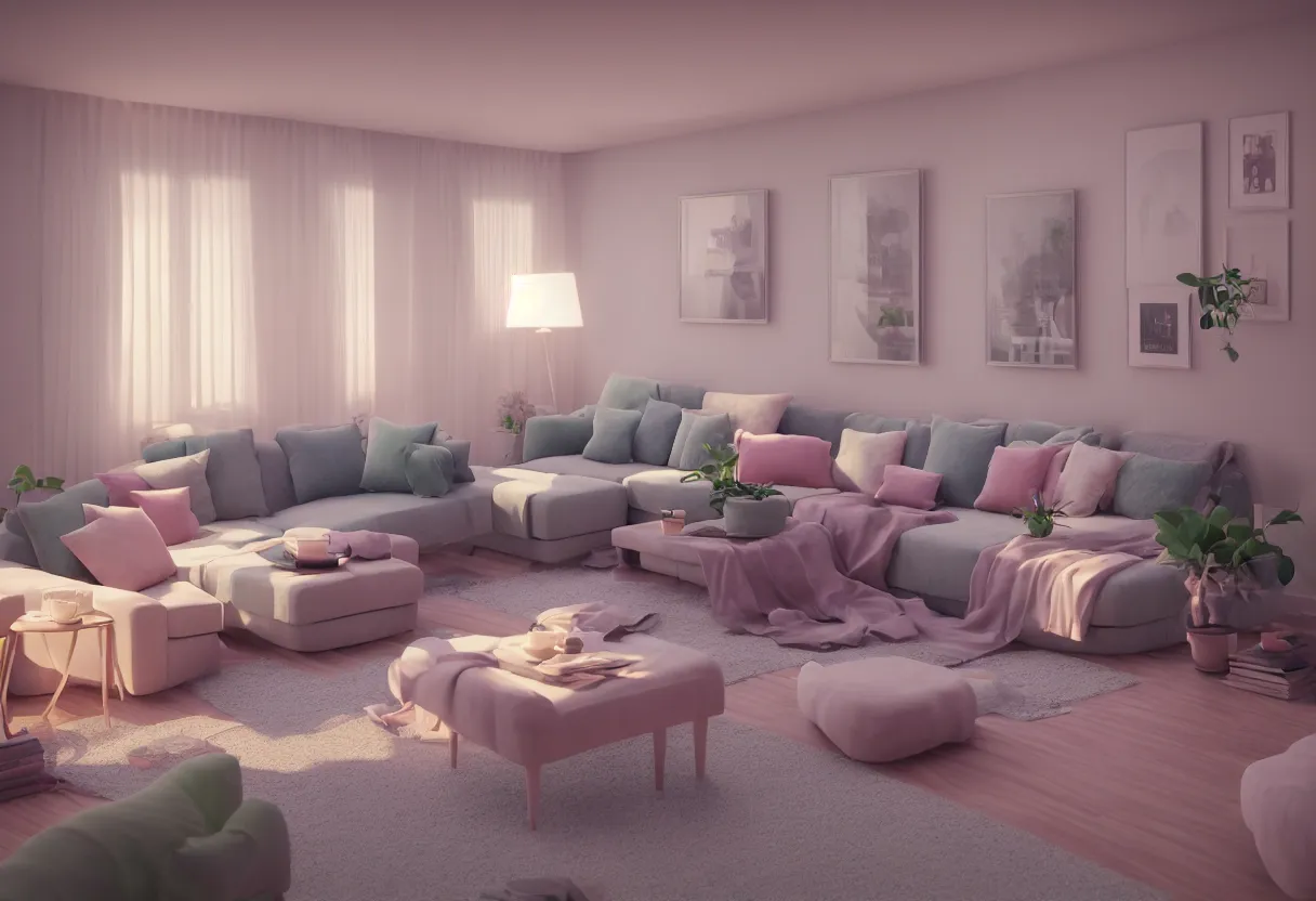 Prompt: a detailed octane render of a cozy 3 d living room interior, volumetric lighting, ray tracing, dramatic lighting, unreal engine 5, physical based render. balanced and aesthetically pleasing pastel colors.