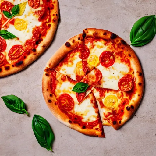 Image similar to In front of a roaring flame we see a cheese pizza with tomato slices and basil leaves flying off into the air, splashes of water, mozzarella chunks, sunshine, vivid colors, professional photo, bokeh