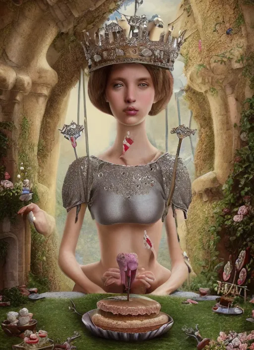 Image similar to closeup medieval bosch face portrait of a fairytale princess wearing a crown eating cakes in the castle, bikini, depth of field, zeiss lens, detailed and intricate environment, fashion photoshoot by nicoletta ceccoli, mark ryden, lostfish, breathtaking, 8 k resolution, extremely detailed, beautiful, establishing shot, artistic, hyperrealistic, octane render