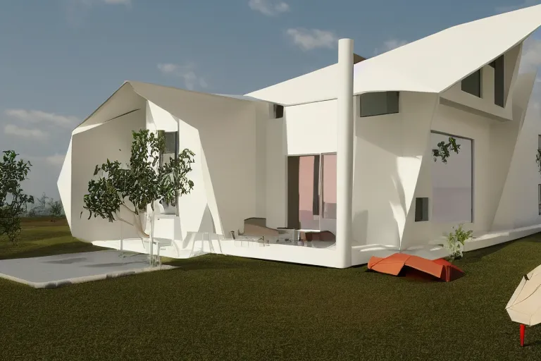 Image similar to photo of a comfy polygonal house designed in the style of seppo mantyla, 4 k, realistic render