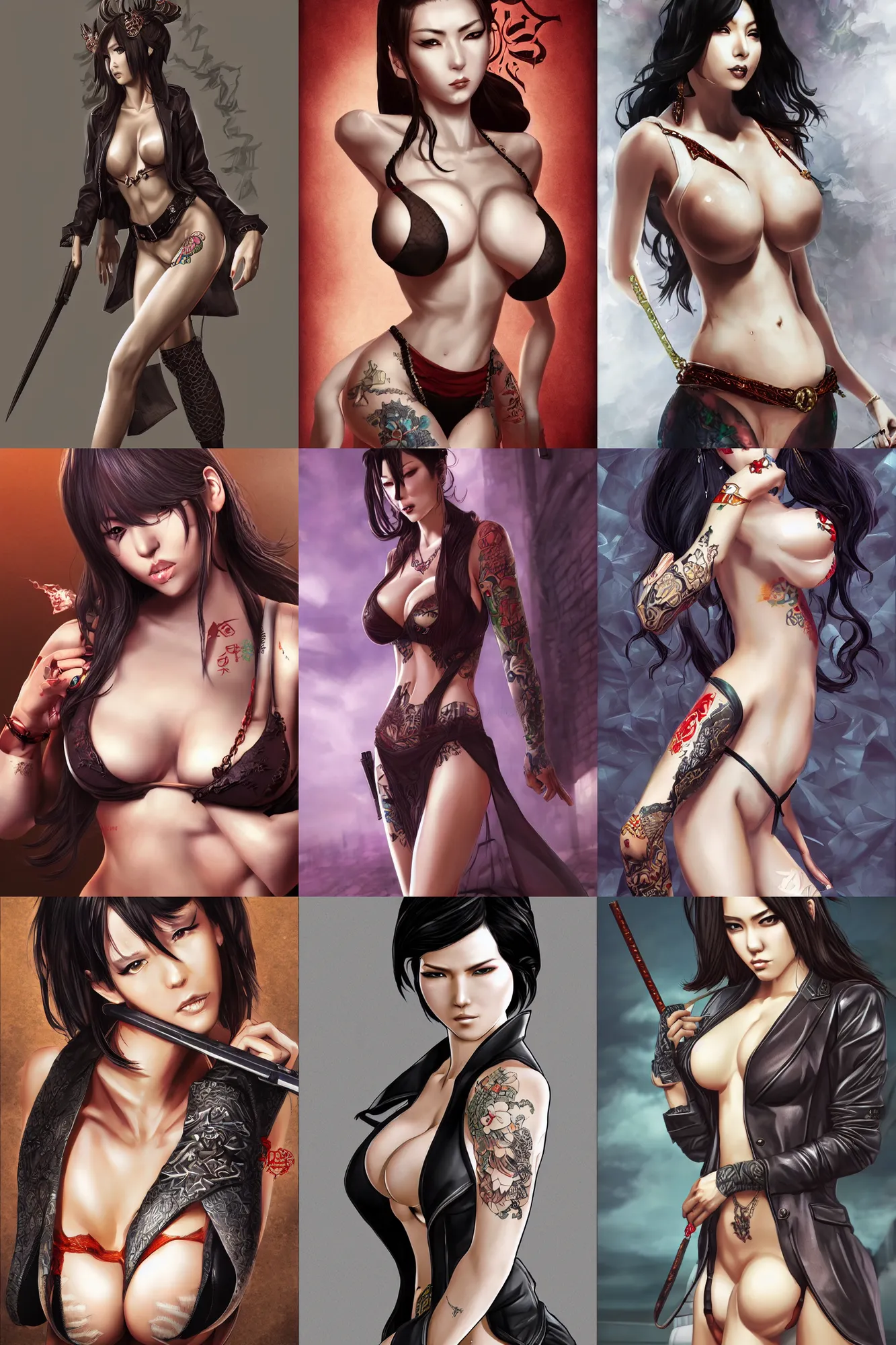 Prompt: sexy yakuza woman, D&D, fantasy, highly detailed, digital art, artstation, smooth, sharp focus, illustration, art by artgem
