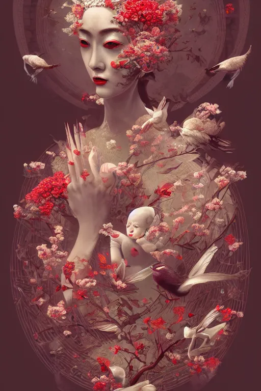 Image similar to breathtaking detailed red gardian mao baby in glace sphere free thibet concept art painting art deco pattern of birds goddesses amalmation flowers, by hsiao ron cheng, tetsuya ichida, bizarre compositions, exquisite detail, extremely moody lighting, 8 k