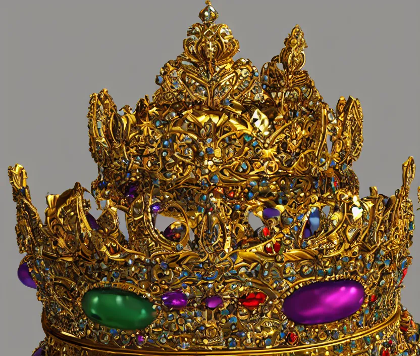 Image similar to Still life photo studio, golden crown adorned with multicolored gems, hyperdetailed, unreal engine, 8k