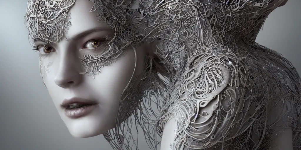 Image similar to realistic photography of a beautiful cyborg androgynous humanoid, shoulder, holding close, in liquid, intricate filigree, in the style of beth cavener, jin kagetsu, wlop, highly detailed, symmetry, masterpiece, concept art, ringflash, highkey lighting, ambient lighting, octane render, 8 k, artstation
