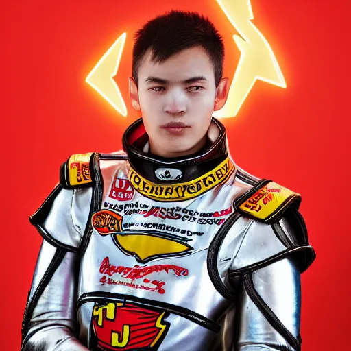 Image similar to a portrait of a beautiful young male wearing an alexander mcqueen armor made of Lightning McQueen race car , photographed by andrew thomas huang, artistic