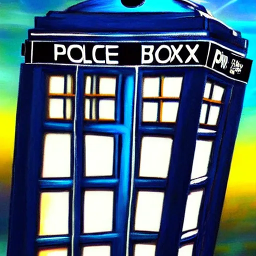 Image similar to oil painting of the tardis from dr who flying through space. beautiful. space. police box