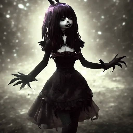 Image similar to full shot portrait of angry darkness Clara Morgane as a cute anime girl at moonlight, gothic wearing, inspired by Tim Burton, Norihiro Yagi, Marc Simonetti, Amano, Juri Misaki, detailed, unreal engine 4k volumetric light, fog,