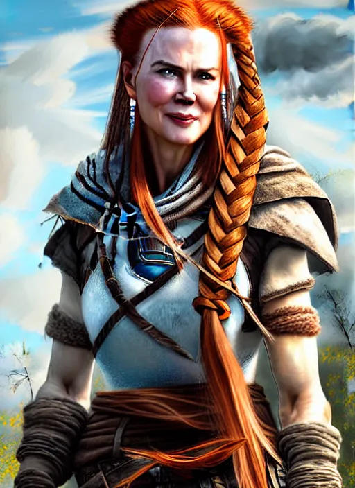 Prompt: nicole kidman appearance with red braided hair as aloy from horizon zero dawn in the style of assassins creed, countryside, calm, fantasy character portrait, dynamic pose, above view, sunny day, thunder clouds in the sky, artwork by jeremy lipkin and giuseppe dangelico pino very coherent asymmetrical artwork, sharp edges, perfect face, simple form, 1 0 0 mm