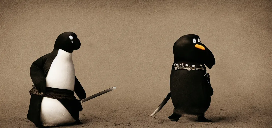 Image similar to pingu as samurai, sepia photography