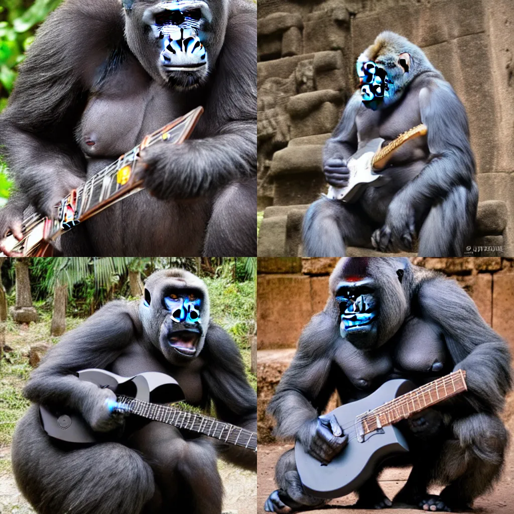 Prompt: large silverback gorilla playing guitar at a metal concert at a Mayan temple, in the style of Borderlands