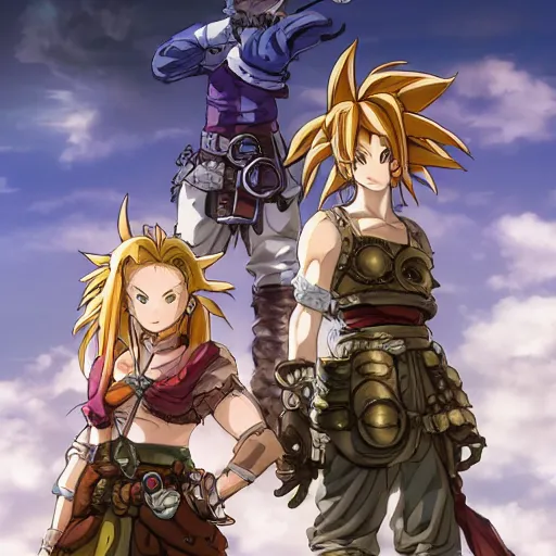 Image similar to steam punk, chrono trigger, detailed anime characters, starring crono, marle and ayla, vivid light, greg rutkowski, uhd, uhd uhd uhd, 8 k, shallow depth of field, intricate detail, concept art!