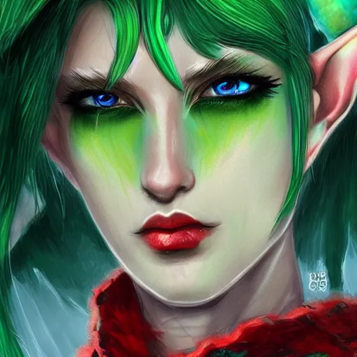 Image similar to a close up of a green haired elf person with blue eye with a horns crown red lips and wearing light armour, concept art by Lü Ji, trending on Artstation, fantasy art, official art, detailed painting, artstation hd