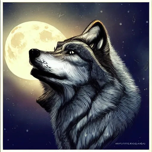 Image similar to the wolf howls on the moon to the earth, digital art