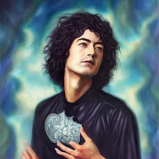 Image similar to amazing artgerm portrait of jimmy page in his 2 0 s as a preraphaelite painting, collaboration with j. scott campbell and artgerm with edward burn jones