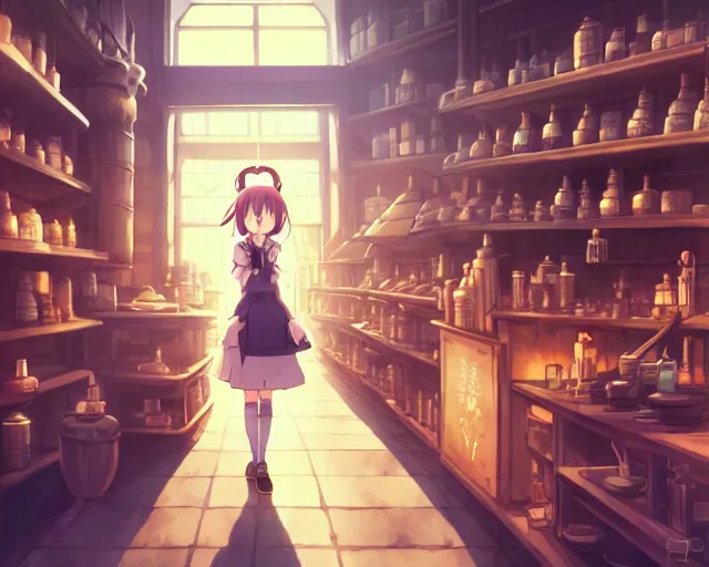 Prompt: anime visual, portrait of a young female traveler in a alchemist's potion shop interior, cute face by yoh yoshinari, katsura masakazu, cinematic luts, cold studio lighting, dynamic pose, dynamic perspective, strong silhouette, anime cels, ilya kuvshinov, cel shaded, crisp and sharp, rounded eyes
