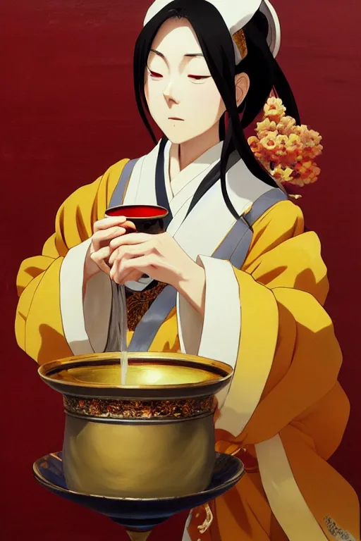 Image similar to baroque oil painting of anime key visual concept art of anime traditional japanese shinto priestess pouring a cup of tea gracefully, sat in seiza position, award winning, trending on artstation, palette knife! and brush strokes, oil on canvas, makoto shinkai greg rutkowski studio ghibli