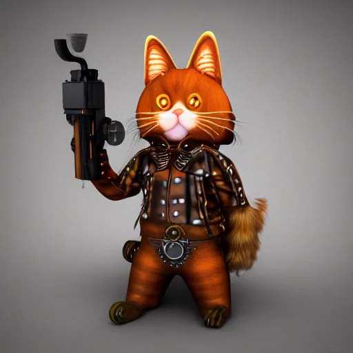 Prompt: anthropomorphic ginger cat, steampunk, revolver, cyborg, glowing, 3 d render.