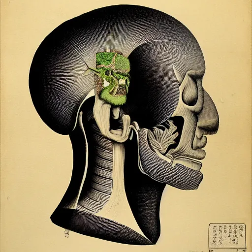 Image similar to surreal japanese woodblock head anatomical atlas dissection center cut, lithography on paper conceptual figurative ( post - morden ) monumental dynamic soft shadow portrait drawn by hogarth and escher, inspired by goya, illusion surreal art, highly conceptual figurative art, intricate detailed illustration, controversial poster art, polish poster art, geometrical drawings, no blur