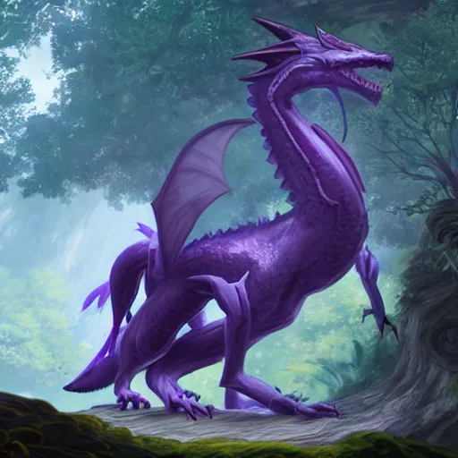 Image similar to concept art painting of an anthropomorphic purple humanoid bipedal dragon, in the deep forest, realistic, detailed, cel shaded, in the style of makoto shinkai and greg rutkowski and james gurney