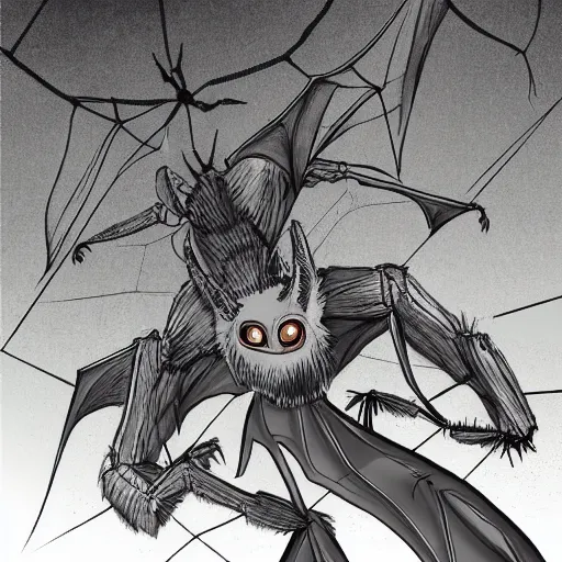 Image similar to a man who is a bat fighting a man who is a spider, detailed illustration, concept art