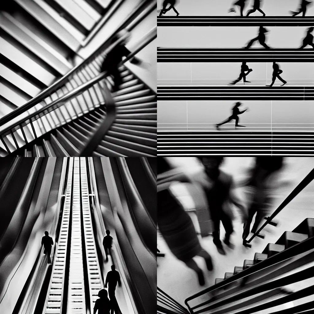 Prompt: multiple people walking up a mechanical stair by richard avedon. black and white. ilford delta. long exposure, extreme motion blur. film grain. contrast. fine art photography.