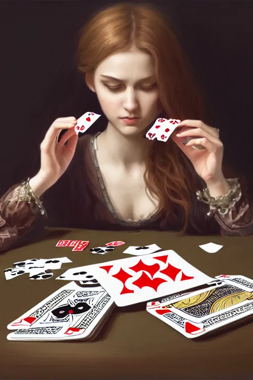 Prompt: firts person view of female hands looking at the table full of playing cards, esp cards, tarot cards, crystall ball, realistic, modern, intricate, elegant, highly detailed, digital painting, artstation, concept art, addiction, chains, smooth, sharp focus, illustration, art by ilja repin