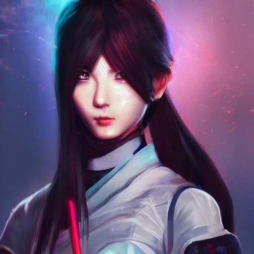 Image similar to Young cyberpunk samurai lady holding a sword, digital painting, anime style, Artstation, by Artgerm