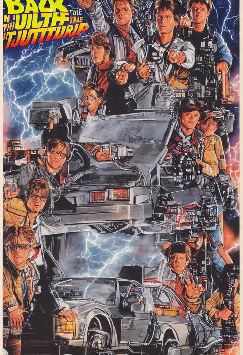 Image similar to 8 0's movie poster for back to the future vs. ghostbusters, art by drew struzan
