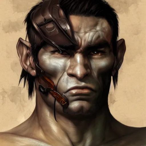 Image similar to portrait of a half orc by ayami kojima, he is about 2 0 years old, russian, manly, straight jaw, short brown hair, strong, friendly, and he is wearing a modern tactical gear, scifi, highly detailed portrait, digital painting, artstation, concept art, smooth, sharp foccus ilustration, artstation hq