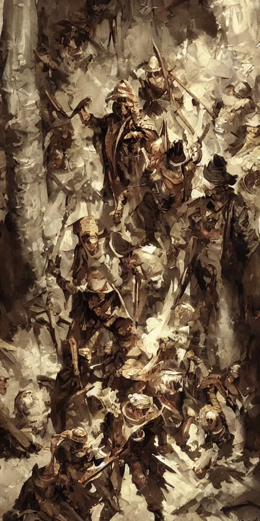 Image similar to oil painting scene from inquisition art by kim jung gi