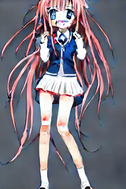 Image similar to full body anime portrait of a cute android girl round eyes long hair dressed in a school uniform inside the school, stunning, highly detailed, anatomically correct