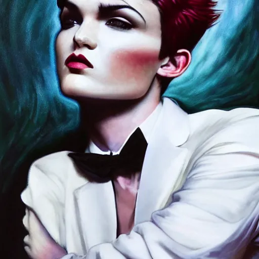 Image similar to stunning portrait of androgynous ruby rose as desire from sandman in a white tuxedo!!!, rockabilly style, by frank moth, by alphonse mucha, by jeremy mann, by peter lindbergh, dave mckean, white suit and black tie, soft lightning, high detailed, 8 k