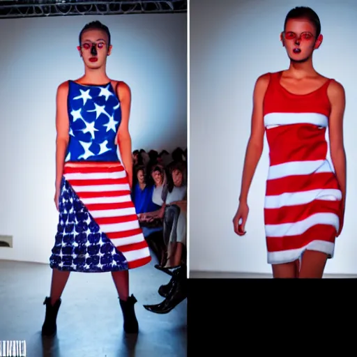 Image similar to brutalist fashion incorporating red white and blue, brutalist fashion show, studio lighting