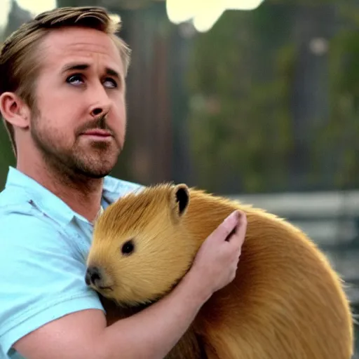 Prompt: ryan gosling style capybara, screenshot from the film drive