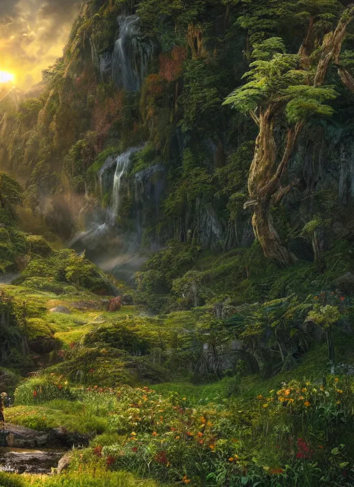 Prompt: in the distance a symmetrical fairy flying in a lord of the rings scenery landscape, a vast lush valley flowers and wood structures, stream, sunrise, god's rays highly detailed, vivid color, cinematic lighting, perfect composition, 8 k, gustave dore, derek zabrocki, greg rutkowski, belsinski, octane render